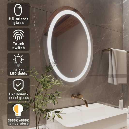 32” x 24” Oval LED Bathroom Mirror – Wall-Mounted Vanity Mirror with Adjustable Brightness, Anti-Fog, Smart Touch Controls – Perfect for Bathroom, Bedroom, or Hotel
