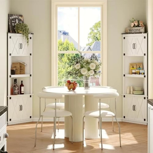 68” Tall Farmhouse Corner Storage Cabinet – Freestanding Hutch with 4 Barn Doors & 2 Open Shelves for Kitchen, Living Room, or Dining Room