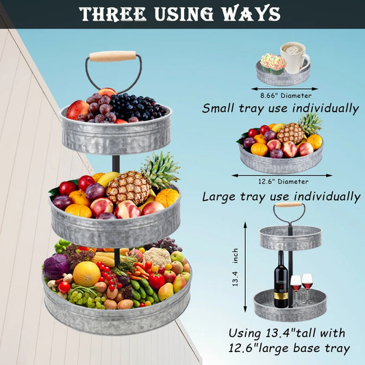 Rustic Farmhouse 3-Tier Galvanized Metal Tray Stand – Decorative Round Serving Display with Handle for Kitchen, Coffee Bar, or Dining Room