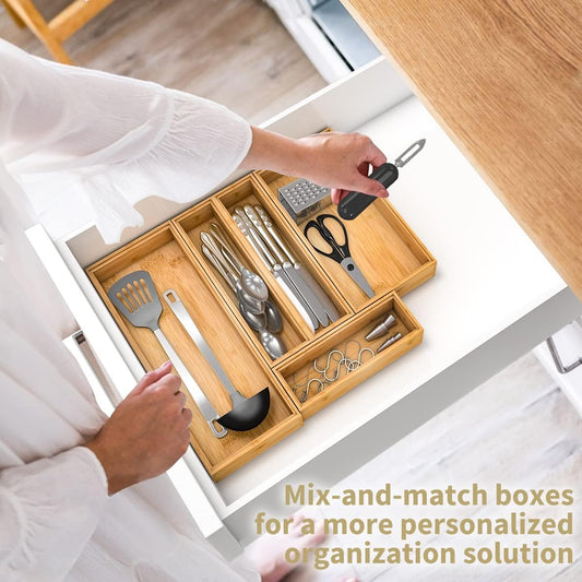 Bamboo Drawer Organizer – Set of 2 Stackable Wooden Storage Trays (12” x 3” x 2”) for Kitchen, Office, or Bathroom