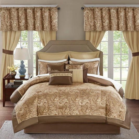 Essentials Brystol 24-Piece Queen Bedding Set – Faux Silk Comforter with Jacquard Paisley Design, Matching Curtains & Decor, All-Season Down Alternative, Hypoallergenic, Brown (90”x90”)