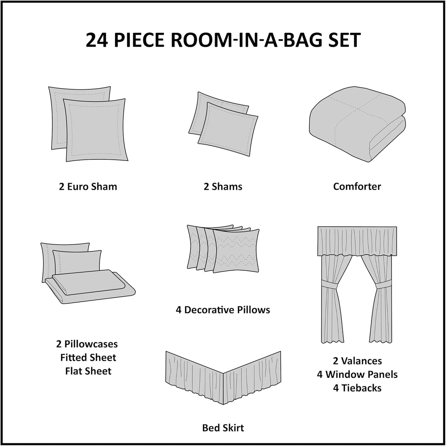 Essentials Jordan 24-Piece Queen Comforter Set – Jacquard Damask Medallion Design, Grey/White, All-Season Down Alternative Bedding with Shams, Decorative Pillows & Curtains (90”x90”)