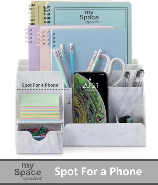 Marble Desk Organizer – 9-Section Office Supply Holder for Pens, Pencils, and Accessories – White & Grey Desktop Organizer