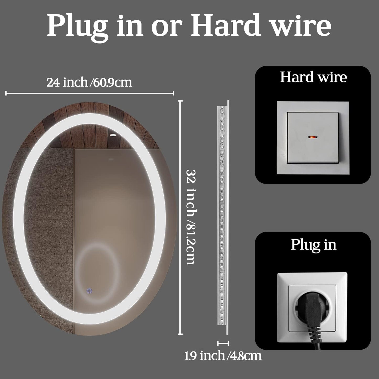 32” x 24” Oval LED Bathroom Mirror – Wall-Mounted Vanity Mirror with Adjustable Brightness, Anti-Fog, Smart Touch Controls – Perfect for Bathroom, Bedroom, or Hotel