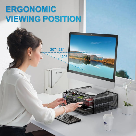 Metal Mesh Monitor Stand with Drawer – Riser with Storage for PC, Laptop & Printer