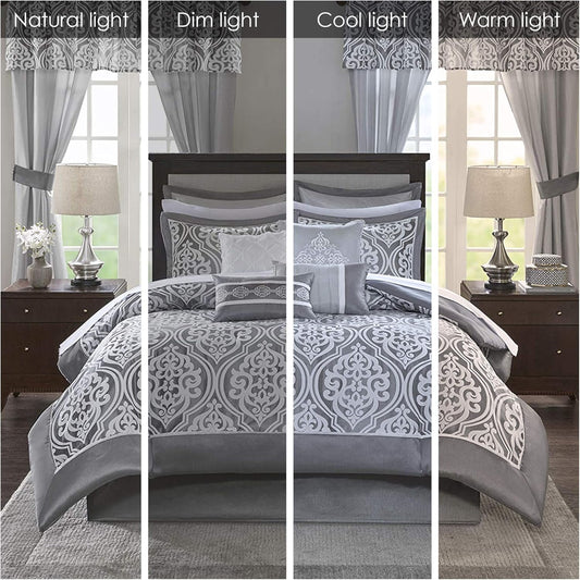 Essentials Jordan 24-Piece Queen Comforter Set – Jacquard Damask Medallion Design, Grey/White, All-Season Down Alternative Bedding with Shams, Decorative Pillows & Curtains (90”x90”)