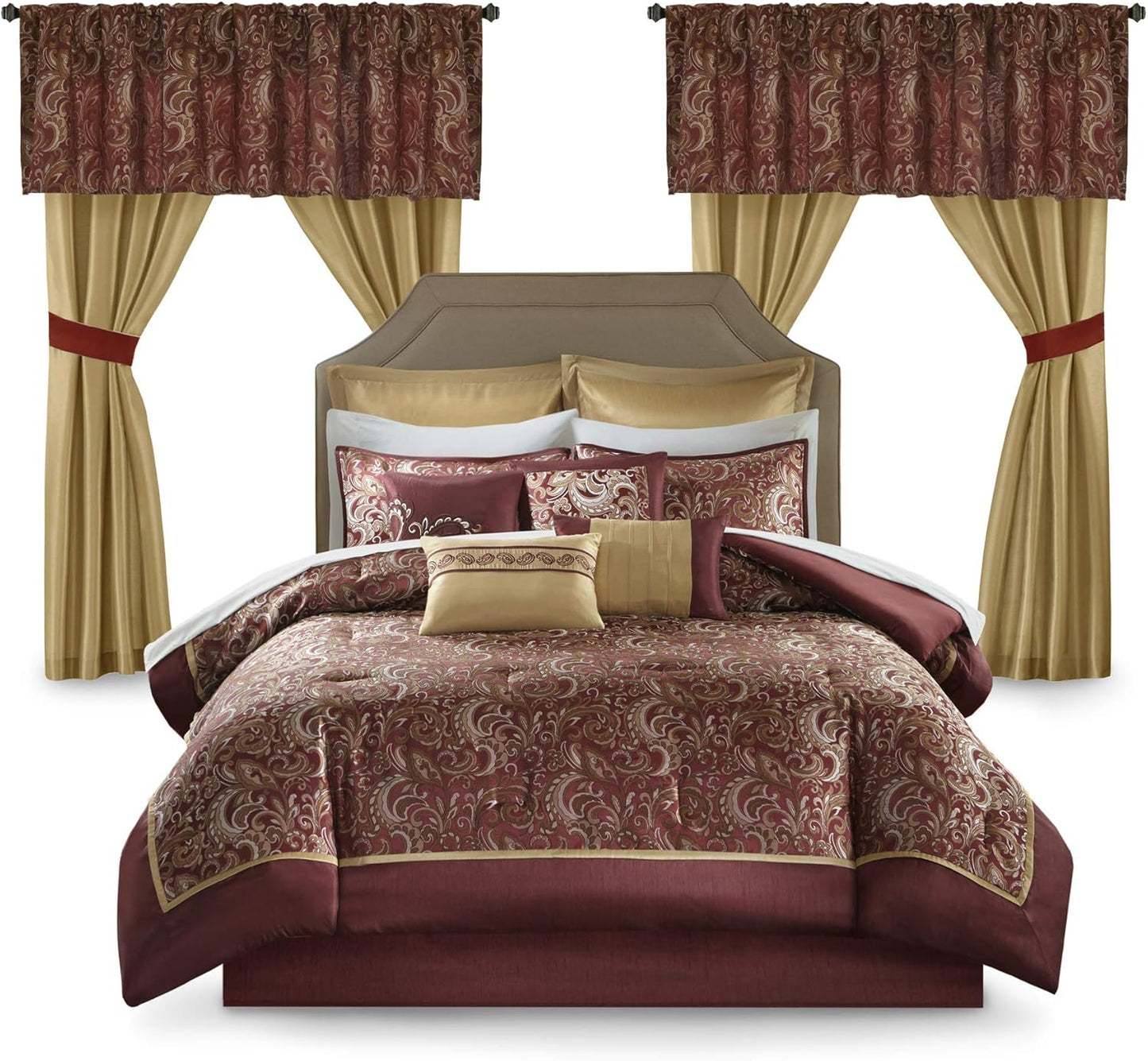 Essentials Brystol 24-Piece Queen Bedding Set – Faux Silk Comforter with Jacquard Paisley Design, Matching Curtains & Decor, All-Season Down Alternative, Hypoallergenic, Brown (90”x90”)