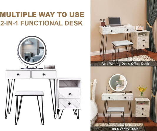 Makeup Vanity Set with Lighted Mirror and Stool – White Dressing Table with Drawers, LED Lights & Chair for Bedroom (HG3706)