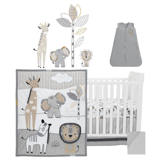 Jungle Safari Gray / Tan / White Nursery 6-Piece Baby Crib Bedding Set