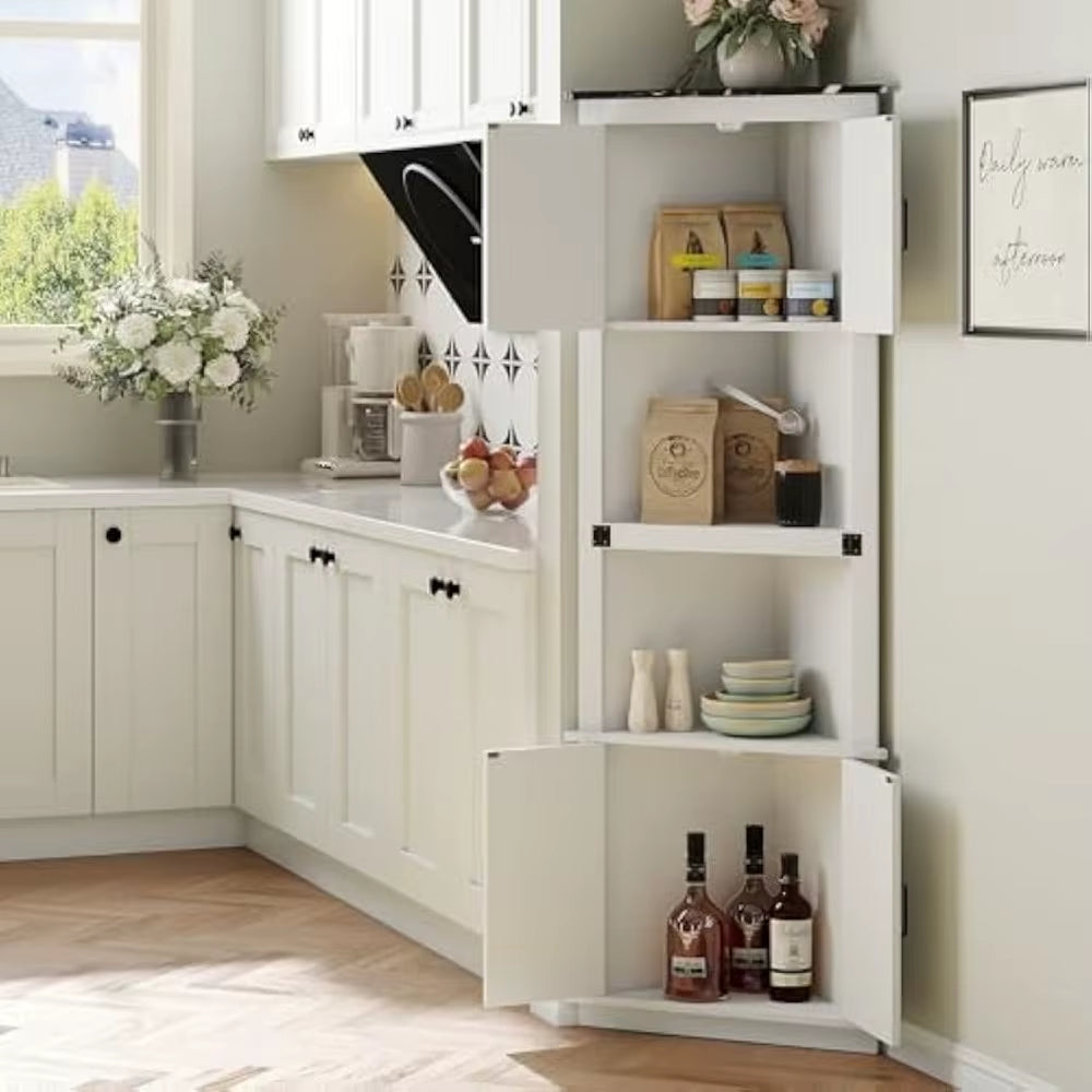 68” Tall Farmhouse Corner Storage Cabinet – Freestanding Hutch with 4 Barn Doors & 2 Open Shelves for Kitchen, Living Room, or Dining Room