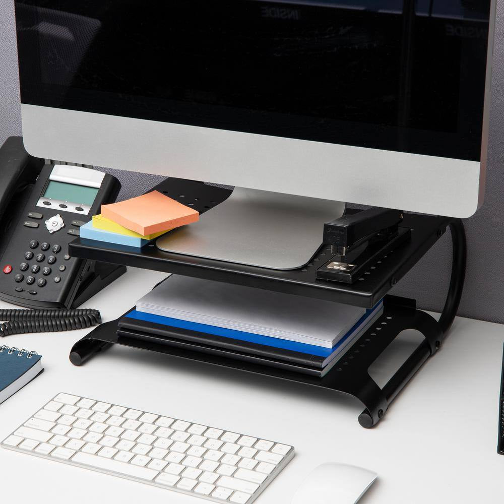 Metal Monitor Stand Riser – 14” x 12.5” Desktop Organizer & Laptop Stand, Black
