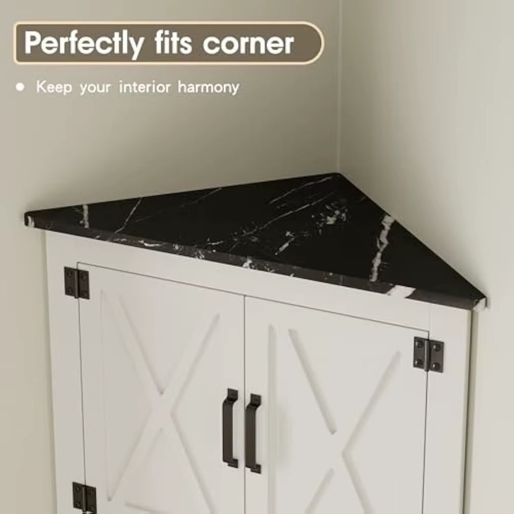 68” Tall Farmhouse Corner Storage Cabinet – Freestanding Hutch with 4 Barn Doors & 2 Open Shelves for Kitchen, Living Room, or Dining Room