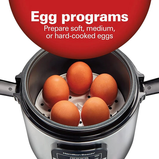 Hamilton Beach 6-Cup Digital Rice Cooker & Food Steamer – Compact with Egg Tray & Slow Cook Function