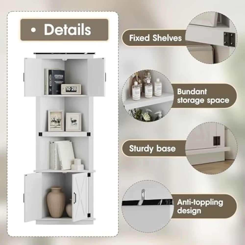 68” Tall Farmhouse Corner Storage Cabinet – Freestanding Hutch with 4 Barn Doors & 2 Open Shelves for Kitchen, Living Room, or Dining Room