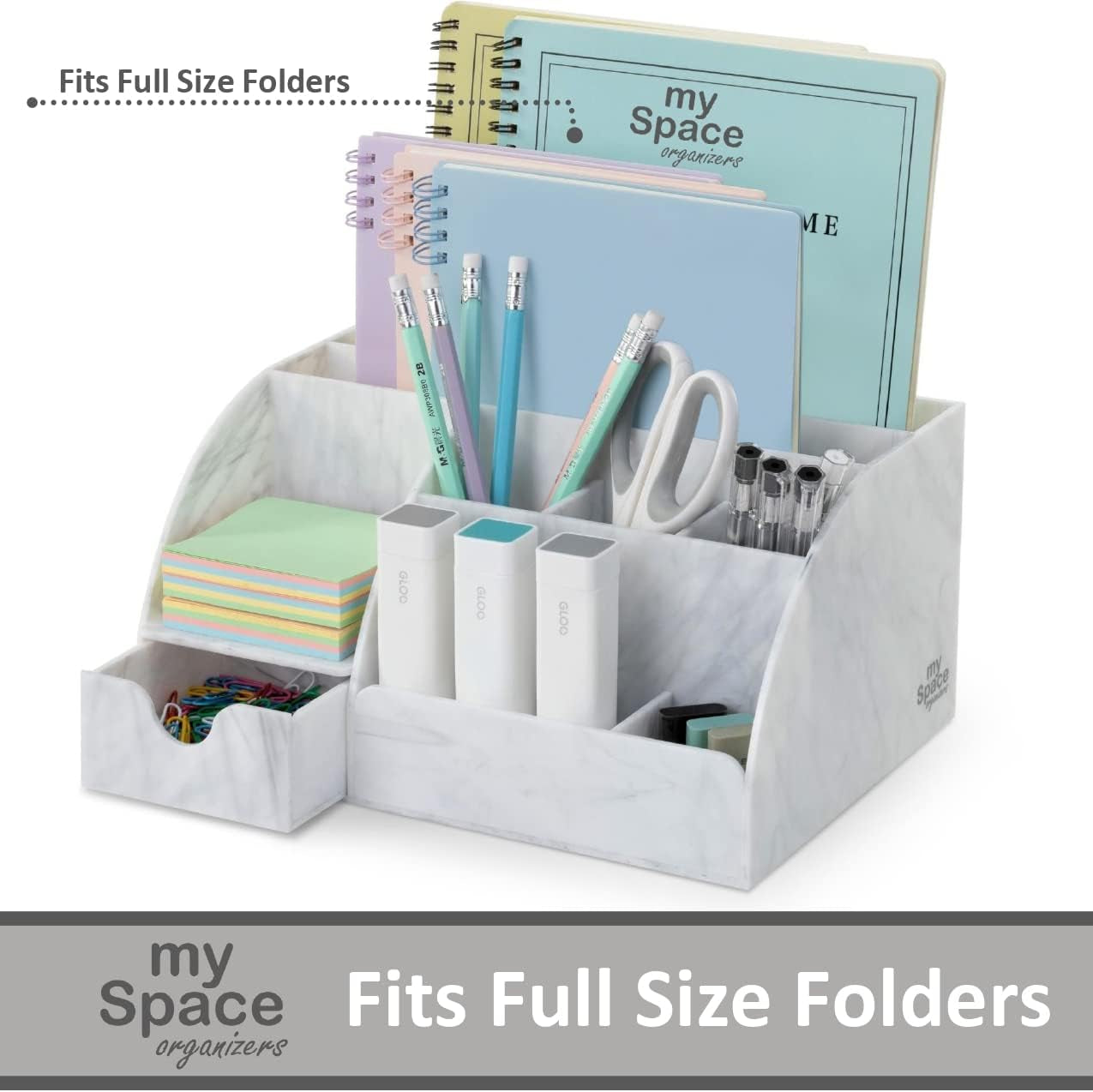 Marble Desk Organizer – 9-Section Office Supply Holder for Pens, Pencils, and Accessories – White & Grey Desktop Organizer