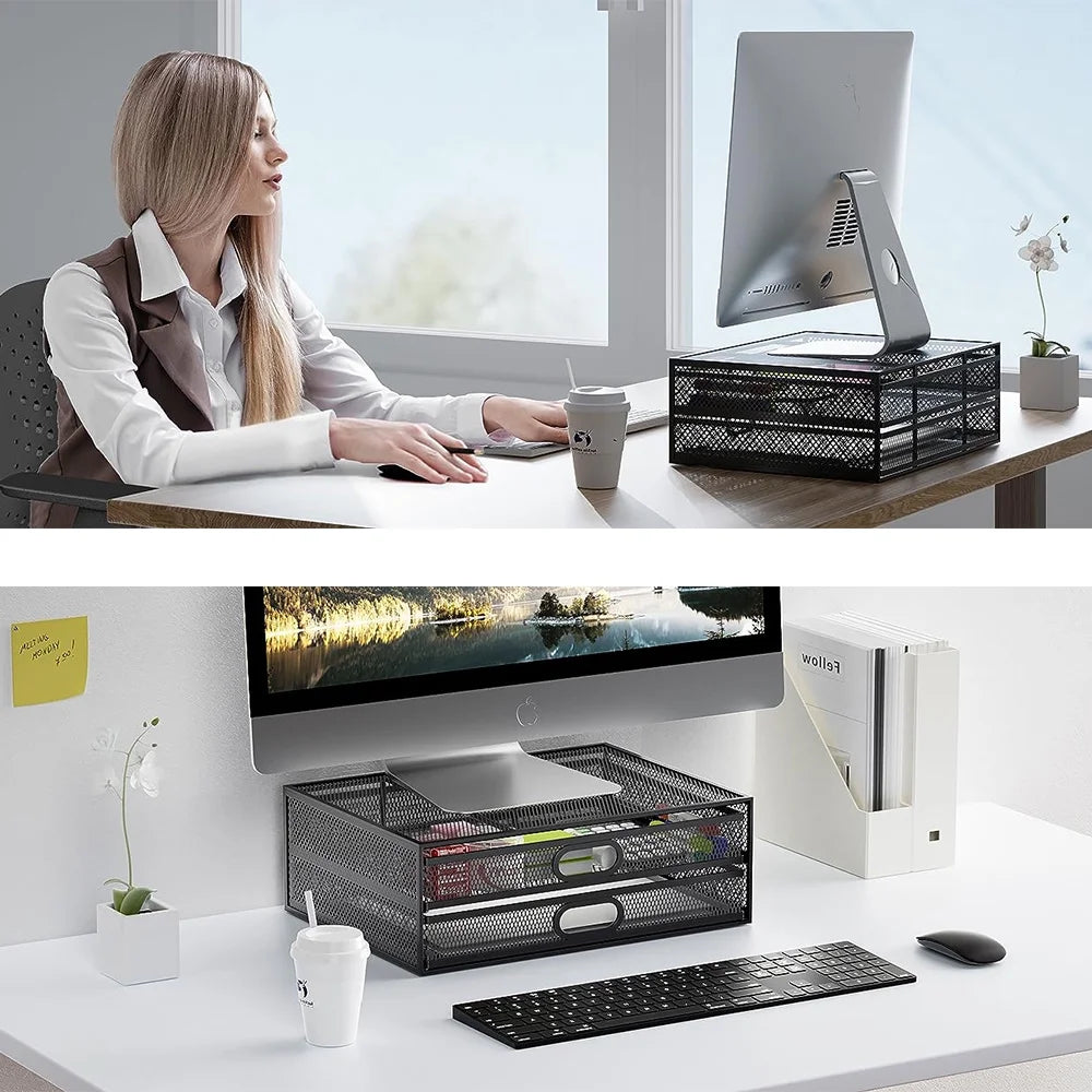 Metal Mesh Monitor Stand with Drawer – Riser with Storage for PC, Laptop & Printer