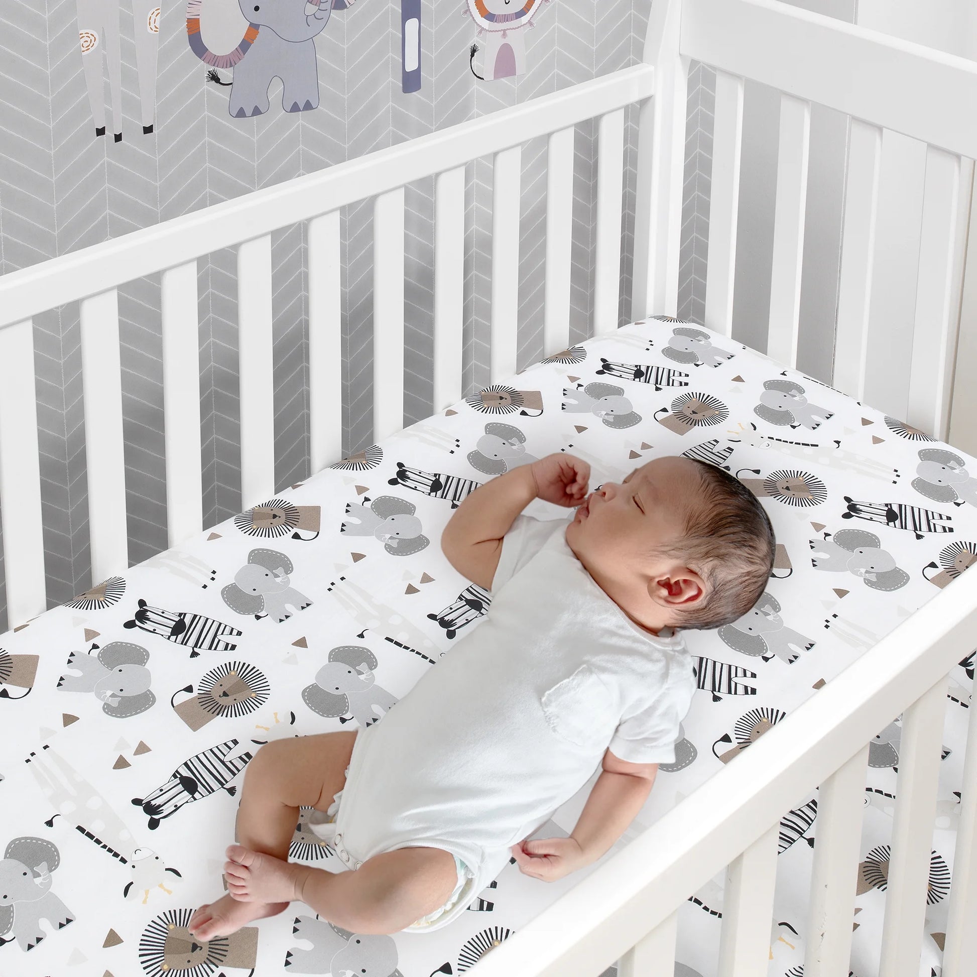 Jungle Safari Gray / Tan / White Nursery 6-Piece Baby Crib Bedding Set