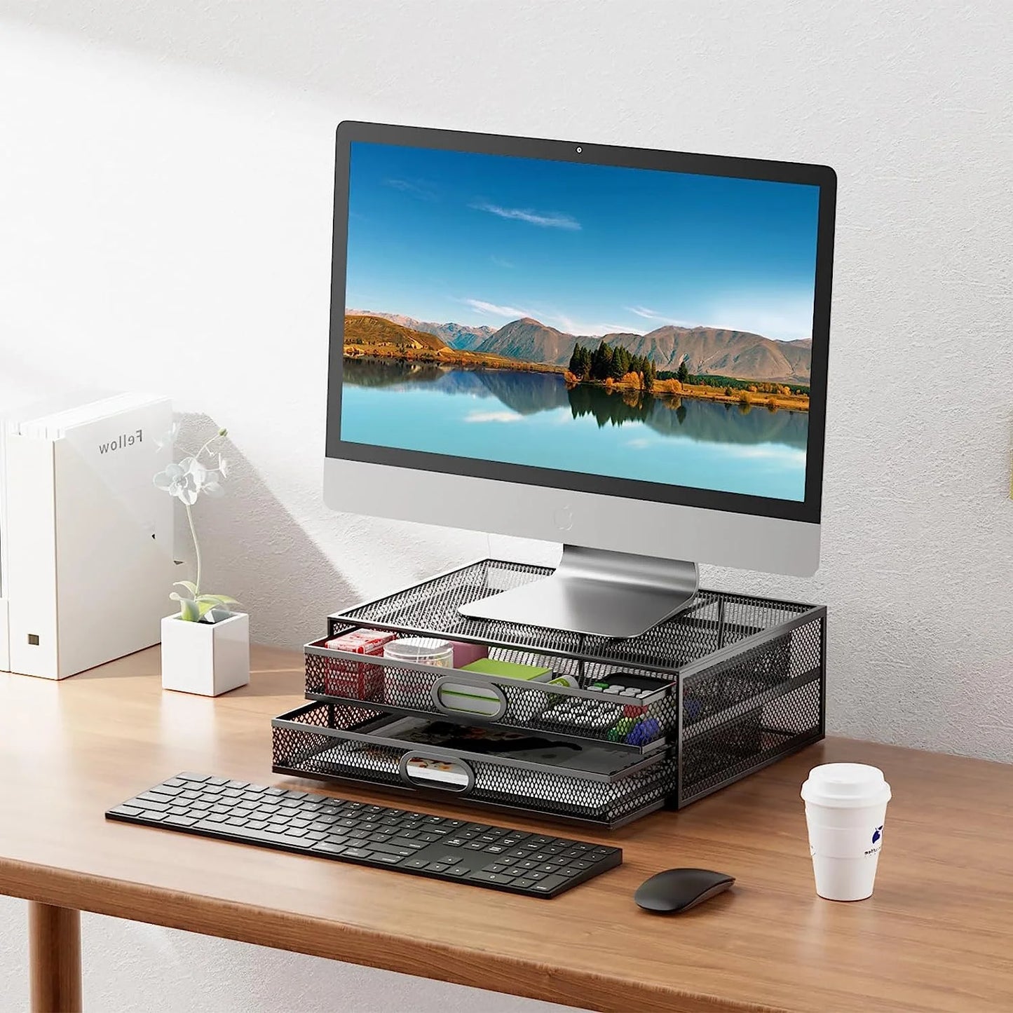 Metal Mesh Monitor Stand with Drawer – Riser with Storage for PC, Laptop & Printer