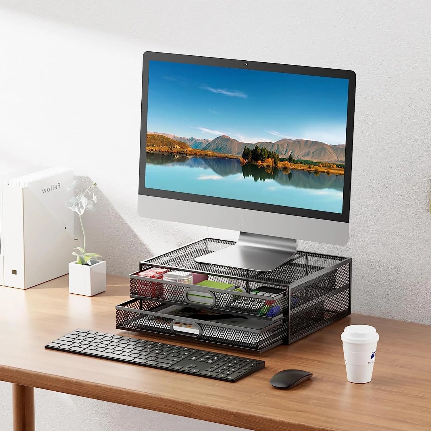 Metal Mesh Monitor Stand with Drawer – Riser with Storage for PC, Laptop & Printer