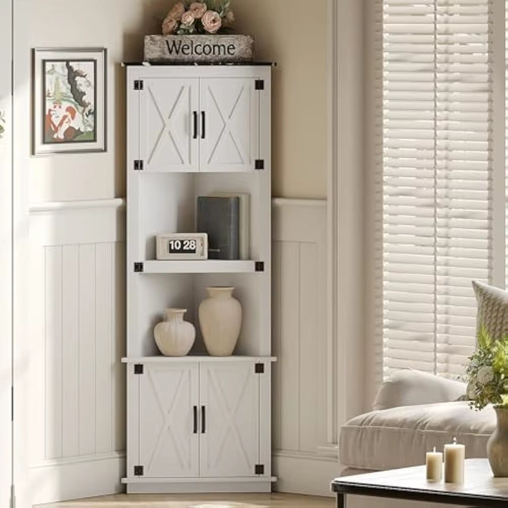 68” Tall Farmhouse Corner Storage Cabinet – Freestanding Hutch with 4 Barn Doors & 2 Open Shelves for Kitchen, Living Room, or Dining Room