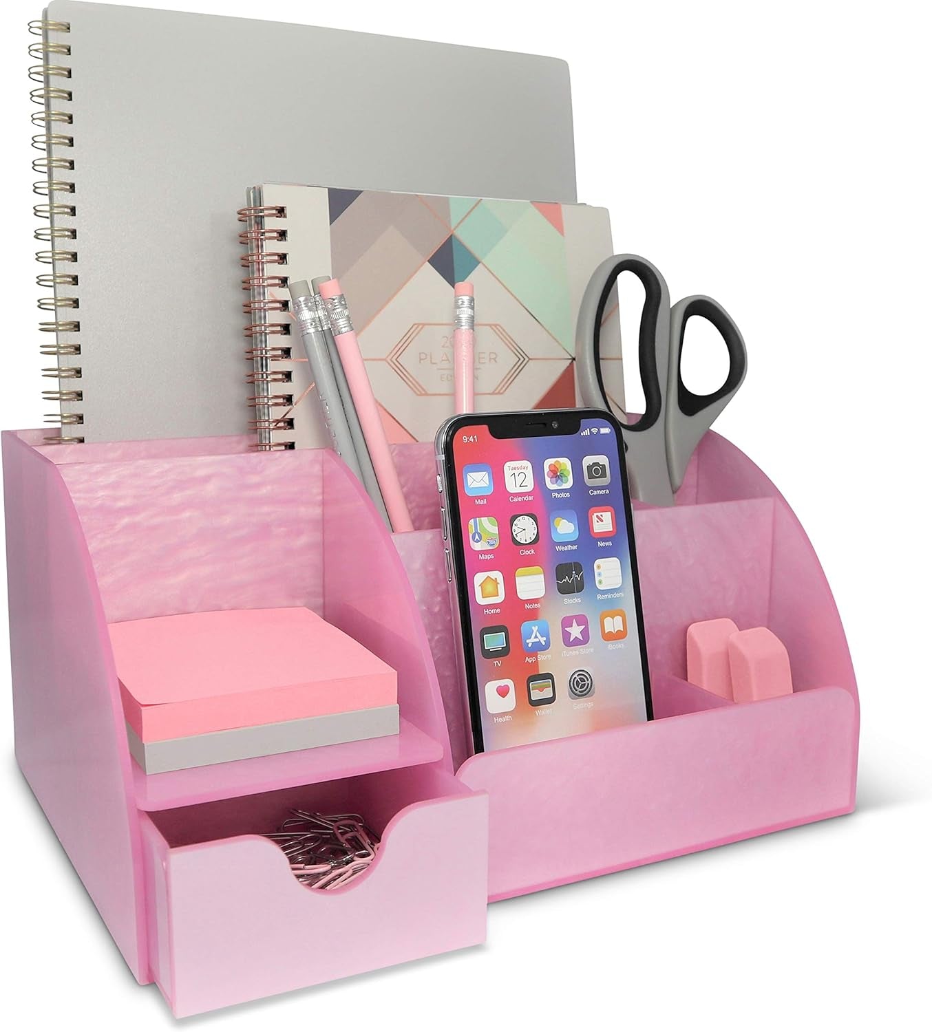 Marble Desk Organizer – 9-Section Office Supply Holder for Pens, Pencils, and Accessories – White & Grey Desktop Organizer