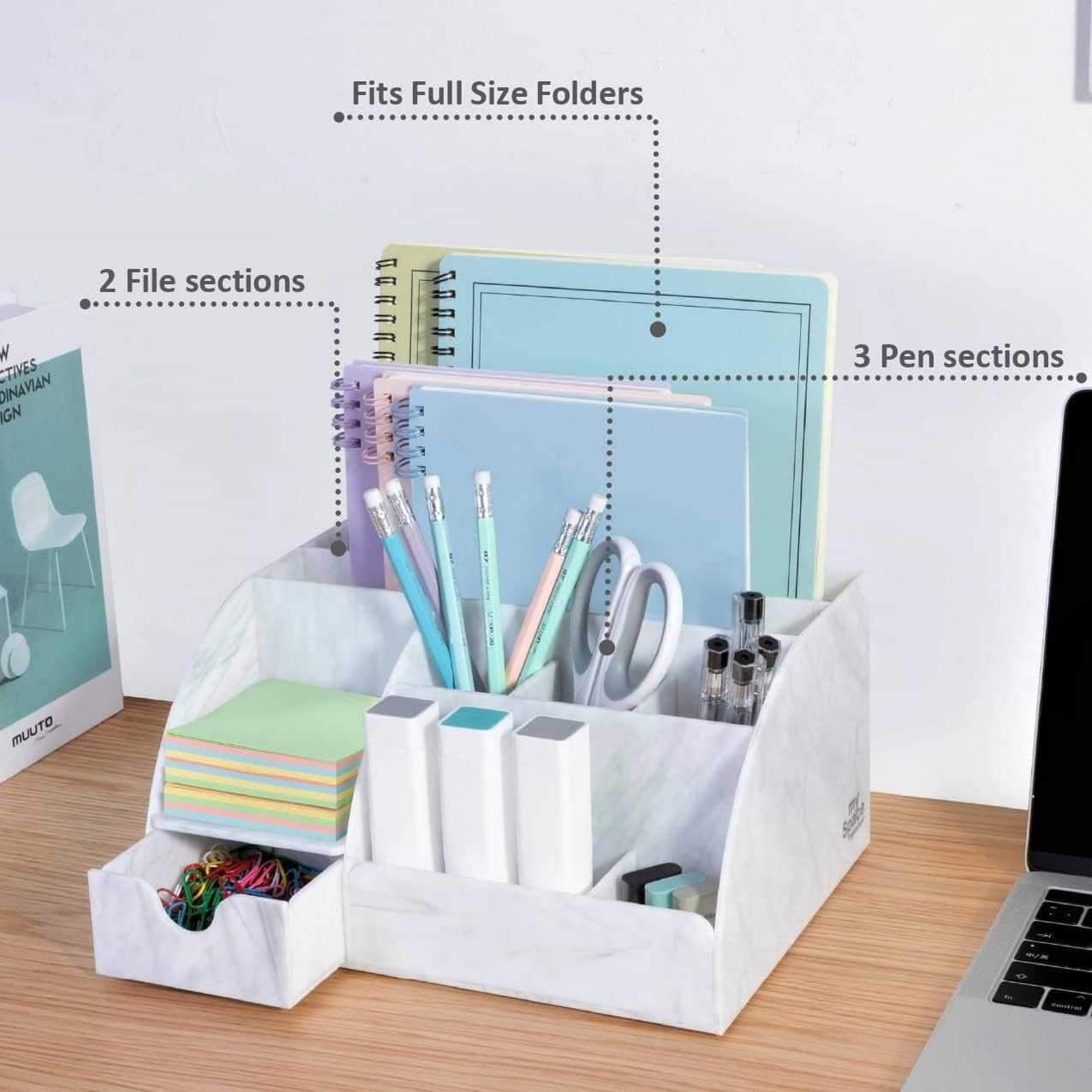 Marble Desk Organizer – 9-Section Office Supply Holder for Pens, Pencils, and Accessories – White & Grey Desktop Organizer