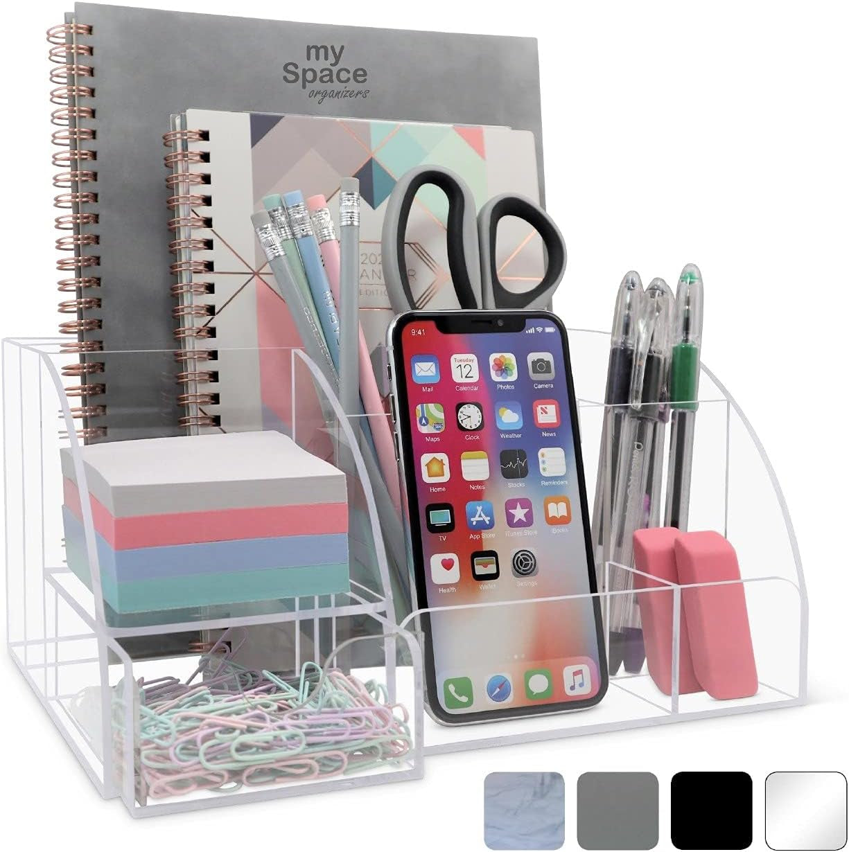 Marble Desk Organizer – 9-Section Office Supply Holder for Pens, Pencils, and Accessories – White & Grey Desktop Organizer