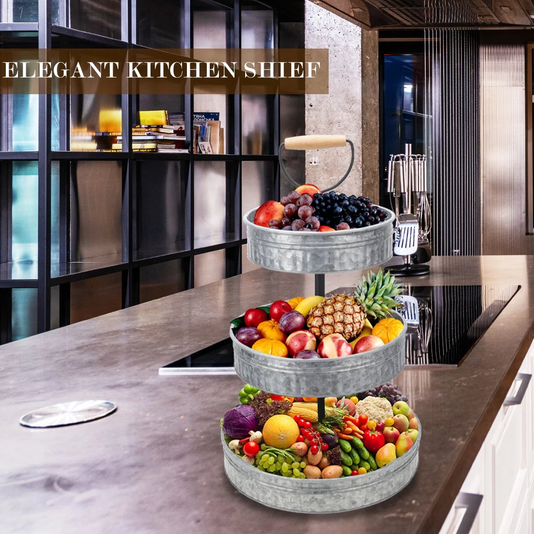 Rustic Farmhouse 3-Tier Galvanized Metal Tray Stand – Decorative Round Serving Display with Handle for Kitchen, Coffee Bar, or Dining Room