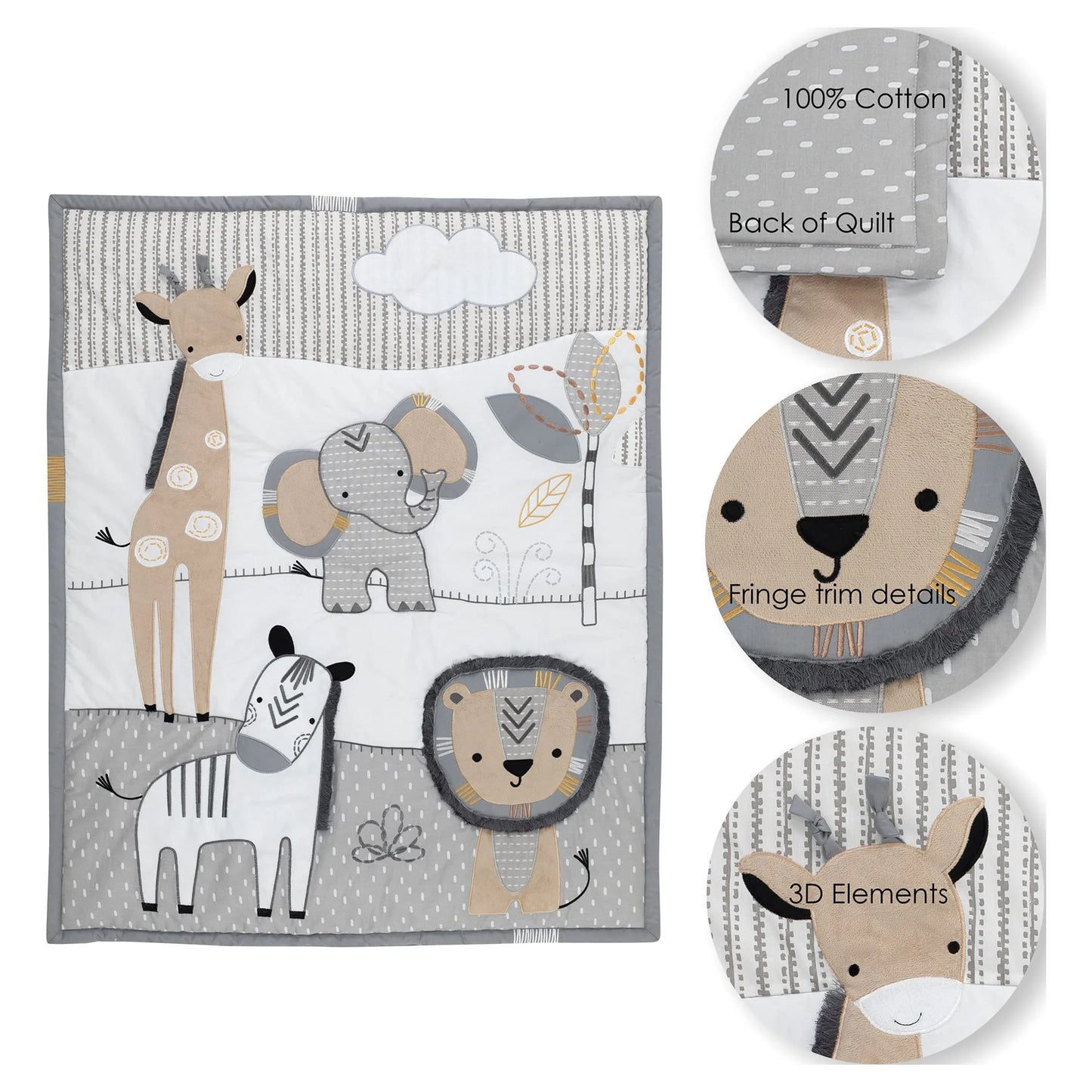 Jungle Safari Gray / Tan / White Nursery 6-Piece Baby Crib Bedding Set