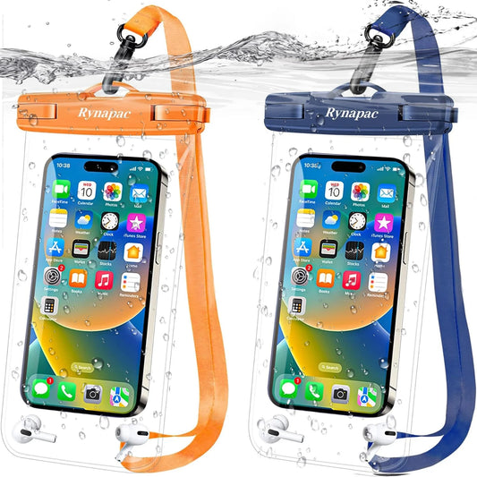 2-Pack Large Waterproof Phone Pouch (Up to 8.5”) – IPX8 Certified Dry Bag with Lanyard for iPhone 16/15/14 Pro Max, Galaxy S23/S22 Ultra – Blue & Orange