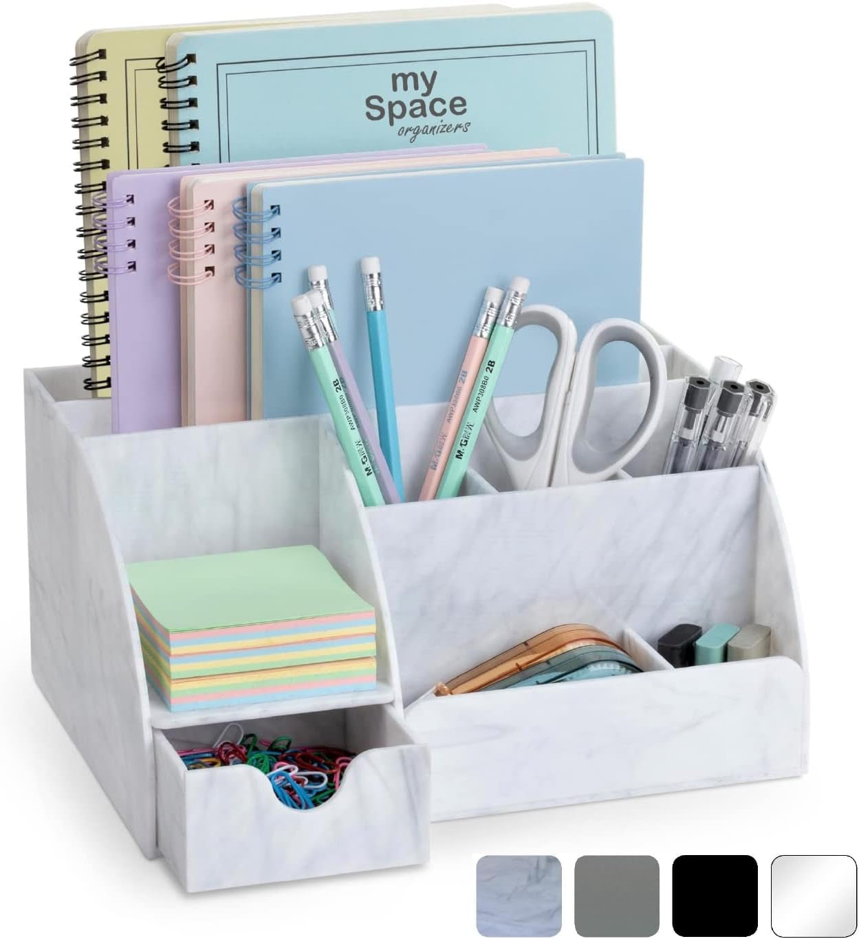 Marble Desk Organizer – 9-Section Office Supply Holder for Pens, Pencils, and Accessories – White & Grey Desktop Organizer