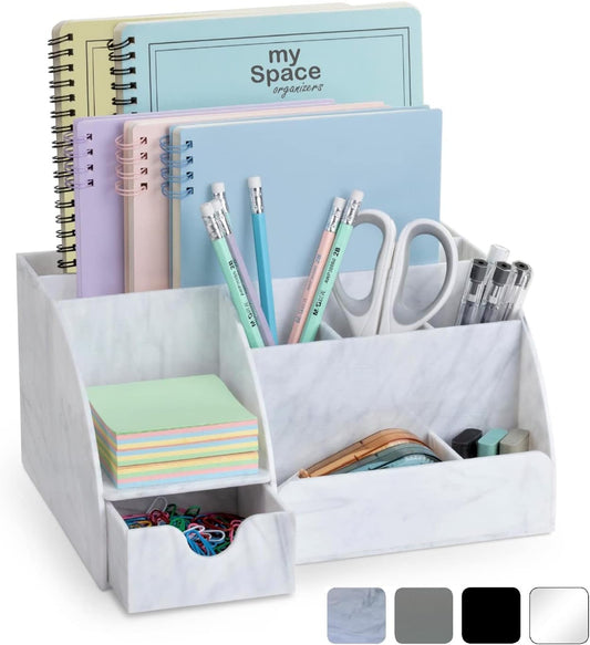 Marble Desk Organizer – 9-Section Office Supply Holder for Pens, Pencils, and Accessories – White & Grey Desktop Organizer