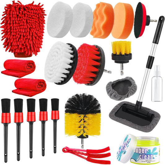 21PCS Car Detailing Drill Brush Kit – Complete Auto Cleaning Set with Drill Brushes, Polishing Pads, Windshield Brush, Wash Mitt, Cleaning Gel & More