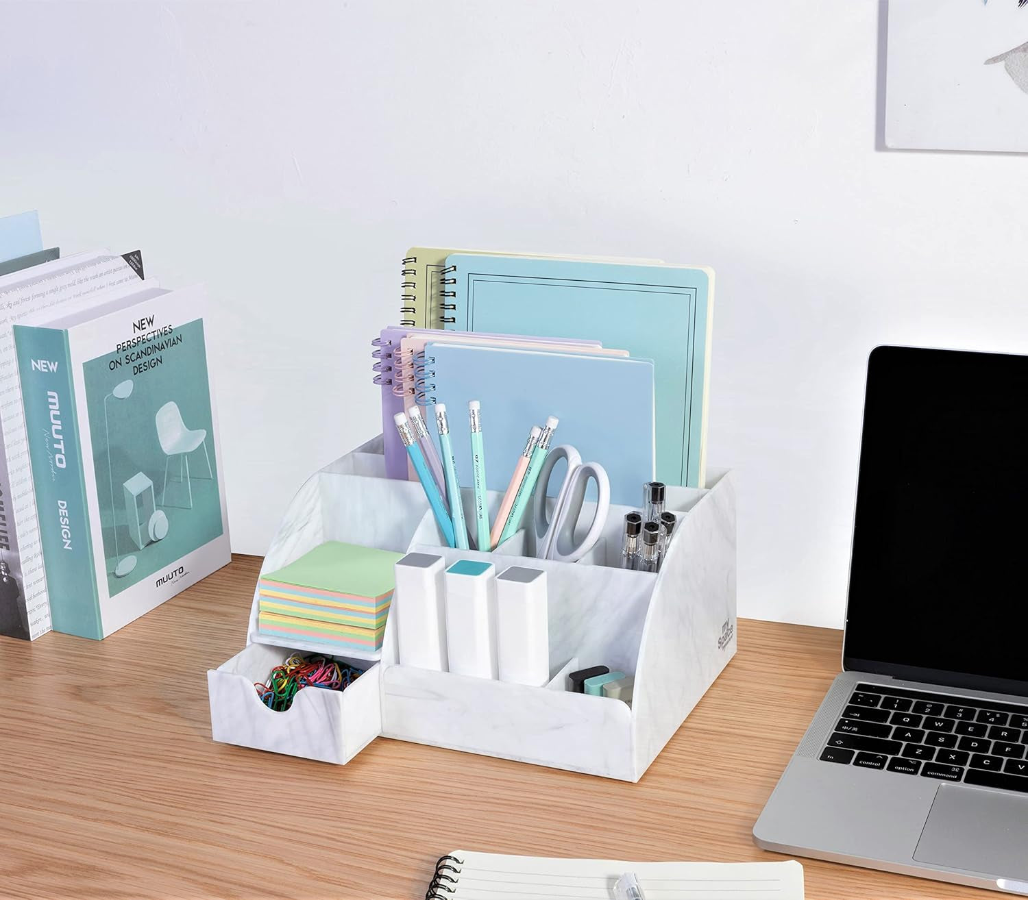 Marble Desk Organizer – 9-Section Office Supply Holder for Pens, Pencils, and Accessories – White & Grey Desktop Organizer