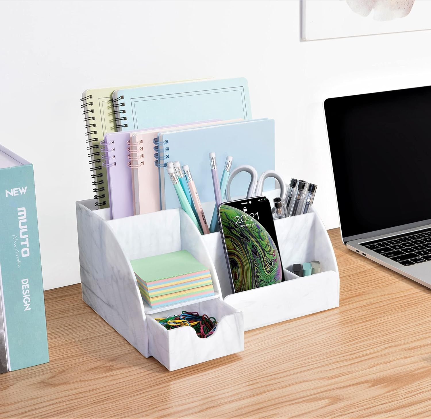 Marble Desk Organizer – 9-Section Office Supply Holder for Pens, Pencils, and Accessories – White & Grey Desktop Organizer