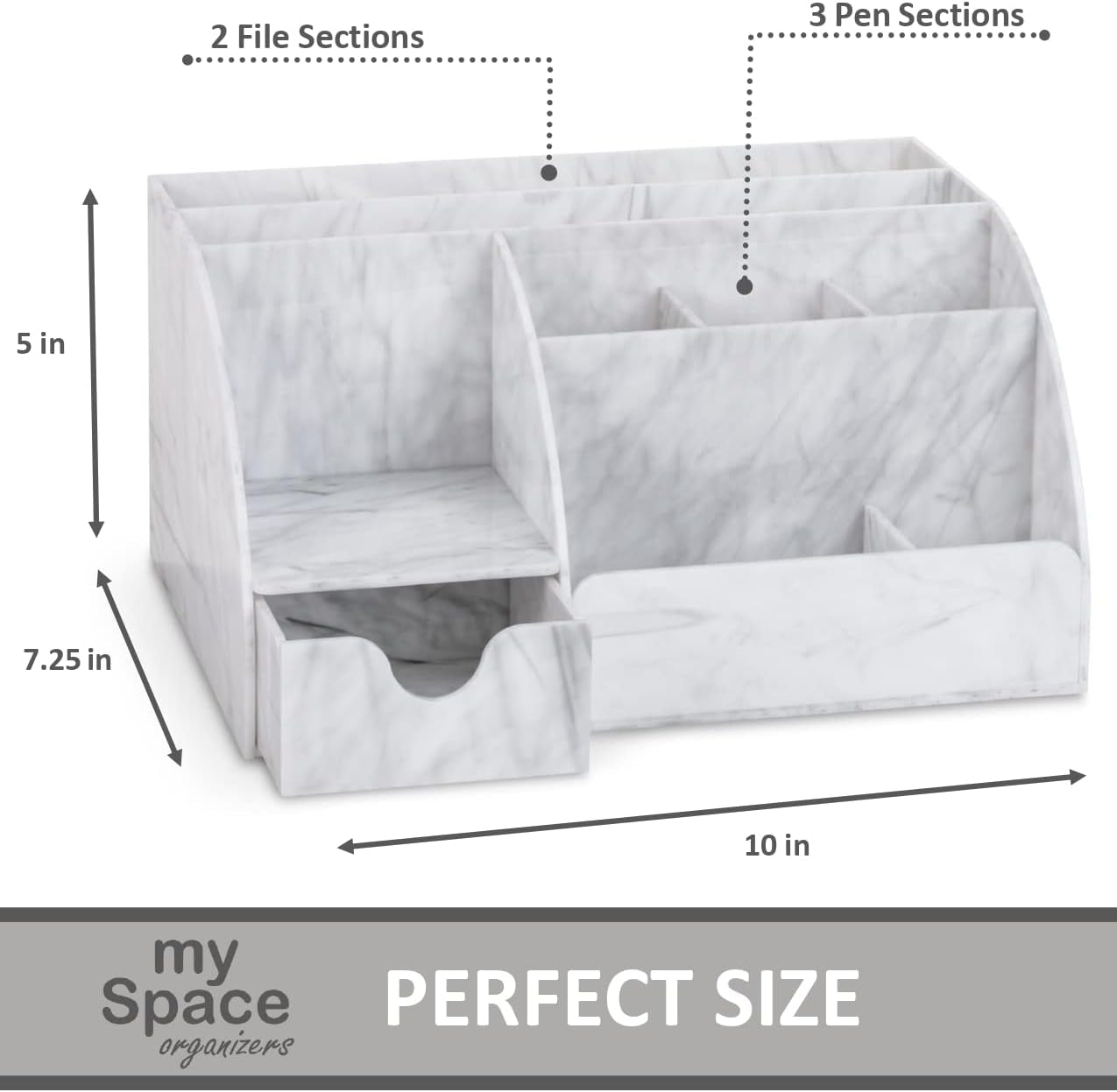 Marble Desk Organizer – 9-Section Office Supply Holder for Pens, Pencils, and Accessories – White & Grey Desktop Organizer