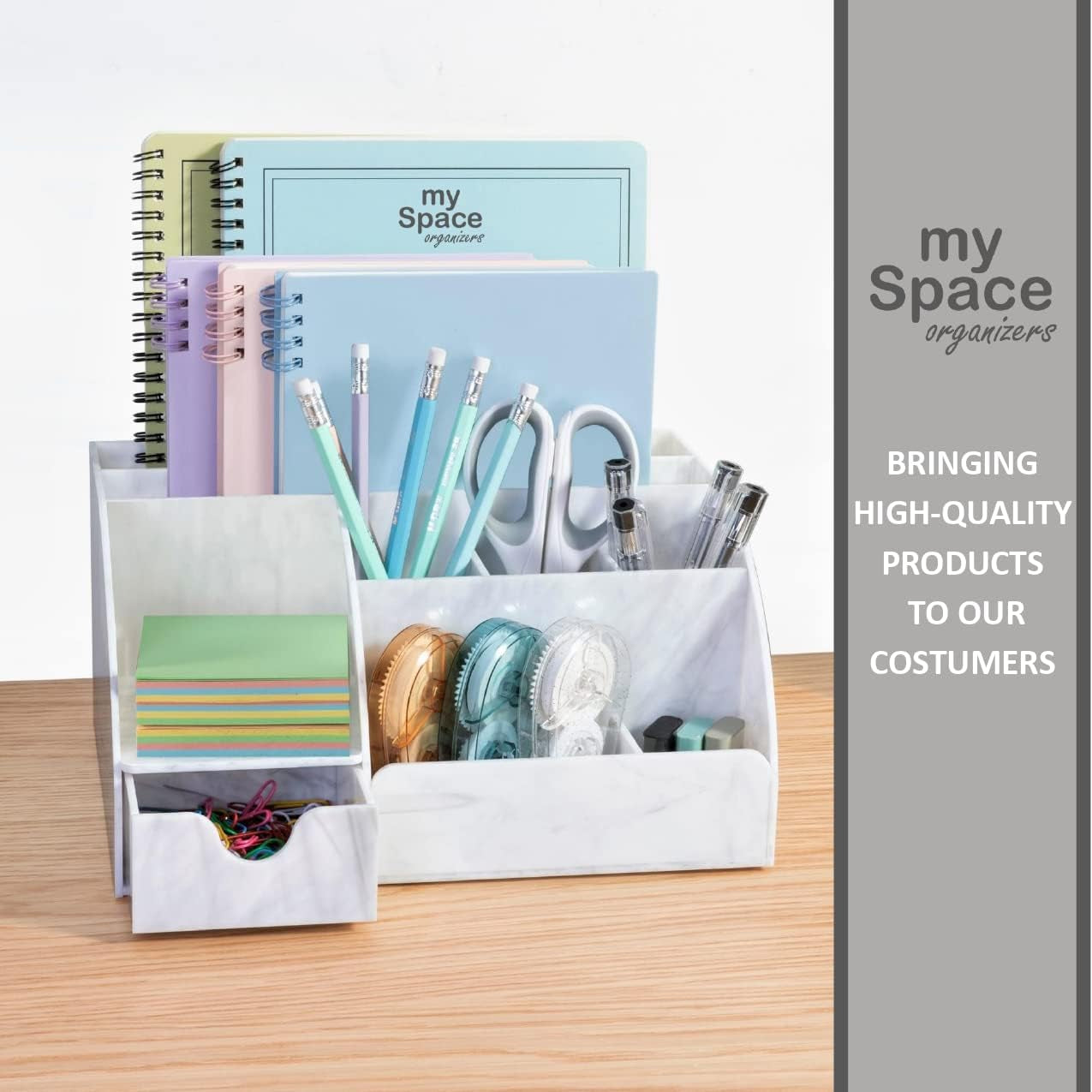 Marble Desk Organizer – 9-Section Office Supply Holder for Pens, Pencils, and Accessories – White & Grey Desktop Organizer