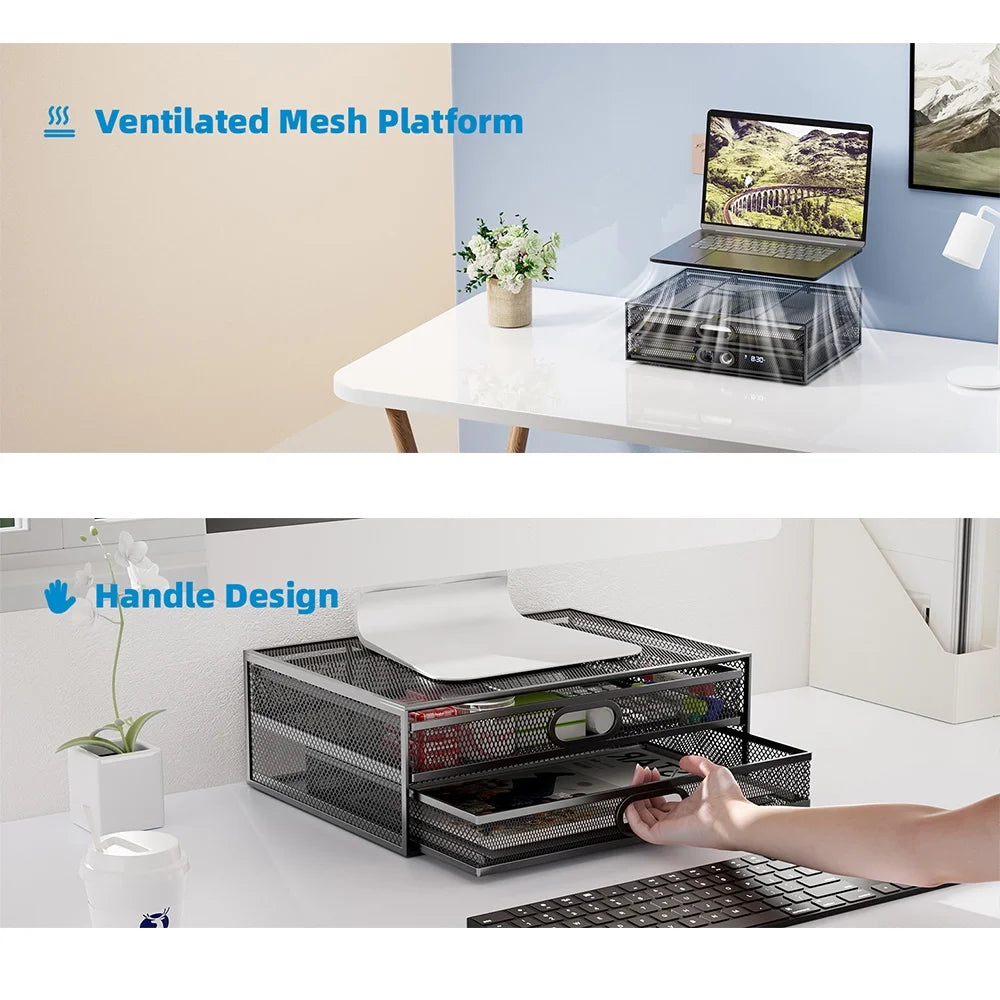Metal Mesh Monitor Stand with Drawer – Riser with Storage for PC, Laptop & Printer