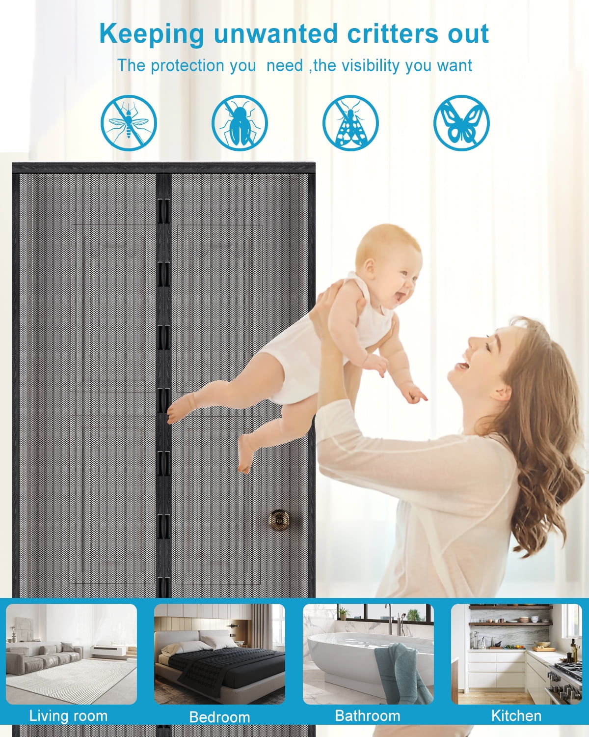 Magnetic Screen Door – Heavy Duty Mesh with Hands-Free Magnetic Closure, Pet & Kid Friendly, Keeps Bugs Out – Fits Doors up to 38” x 82”