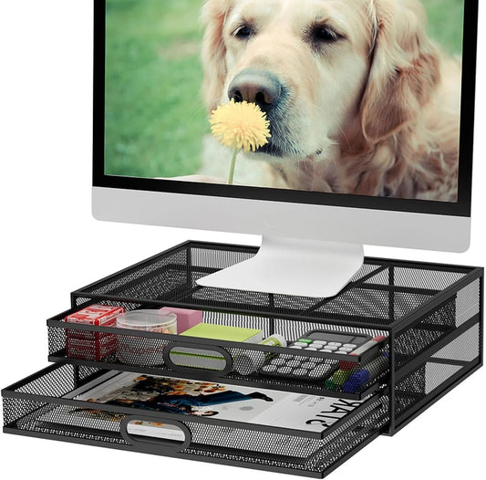 Metal Mesh Monitor Stand with Drawer – Riser with Storage for PC, Laptop & Printer