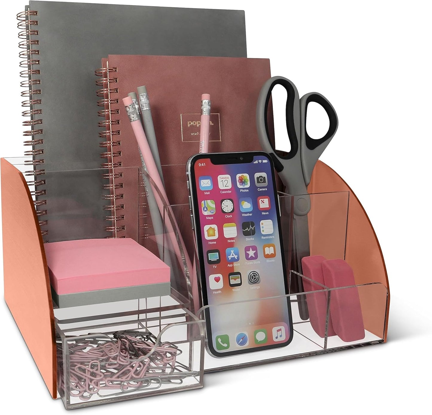 Marble Desk Organizer – 9-Section Office Supply Holder for Pens, Pencils, and Accessories – White & Grey Desktop Organizer