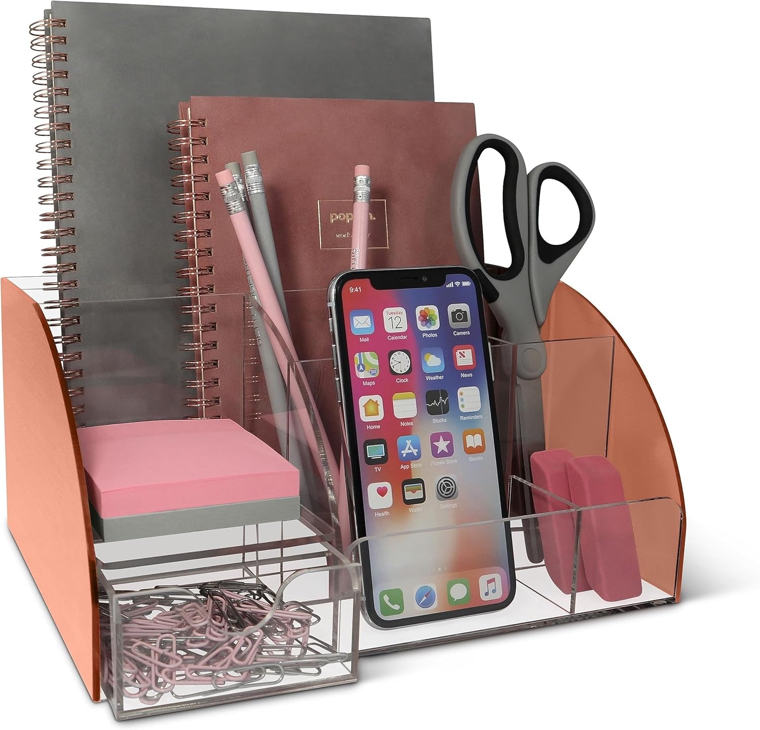 Marble Desk Organizer – 9-Section Office Supply Holder for Pens, Pencils, and Accessories – White & Grey Desktop Organizer